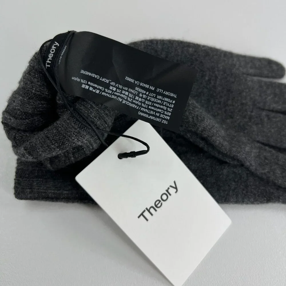 Theory Long Ribbed Gloves Women One Size Soft Cashmere Knit Winter Charcoal Gray